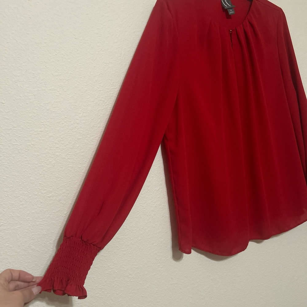 Worthington Solid Red Pleated Split Neck Blouse W… - image 4